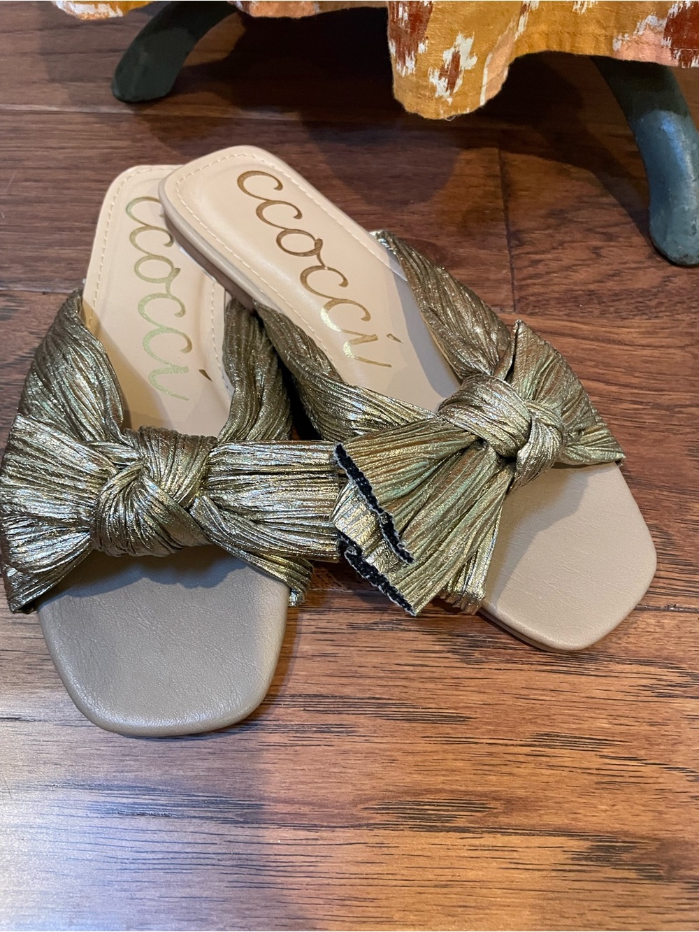 Ccocci Gold Metallic Pleated Bow Slide Sandals